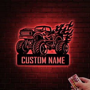 Custom Monster Truck Driver Metal Wall Art with LED Lights, Personalized Trucker Name Sign, Trucker Lover Gifts, Gift For Dad, Home Decor