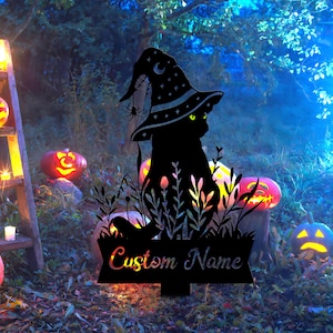 Custom Name Witch Cat Garden Stake with Luminous Eyes, Black Cat Yard Stake, Halloween Yard Metal Sign Decoration, Moon Cat with Witch Hat