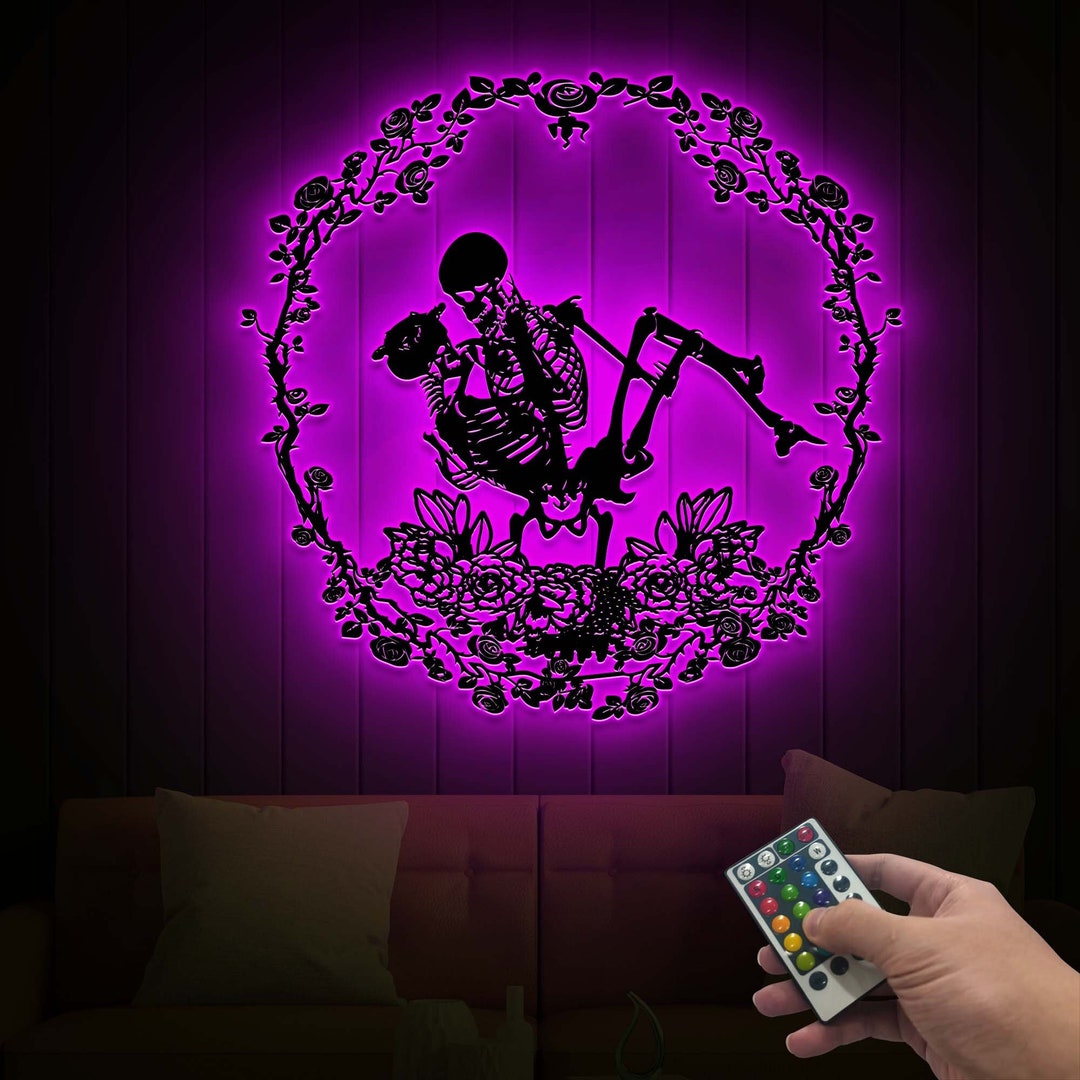 Skeleton Romantic Metal Wall Art With Led Light, Skull Kissing Lovers