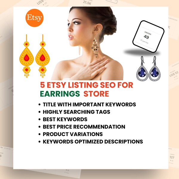 Increase Visibility and Sales for Earrings Etsy store, 5 Listing SEO, Keyword Research, Title, Tags, and Description