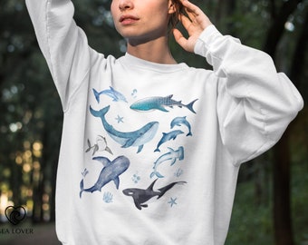 Sweter z akwarelowym wzorem Sea Life, okrągły dekolt z grafiką oceaniczną