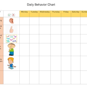 May include: A daily behavior chart with a checklist for children. The chart includes categories such as using listening ears, nice hands, kind words, indoor voices, and keeping their body calm. Each category has a corresponding image.
