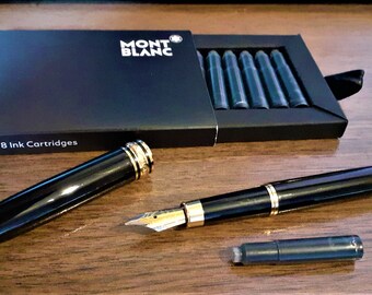 Fountain Pen MONT BLANC Type Metallic Black with Gold Plated Details with New Original Mont Blanc Cartridge Color Black & a New Velvet Case