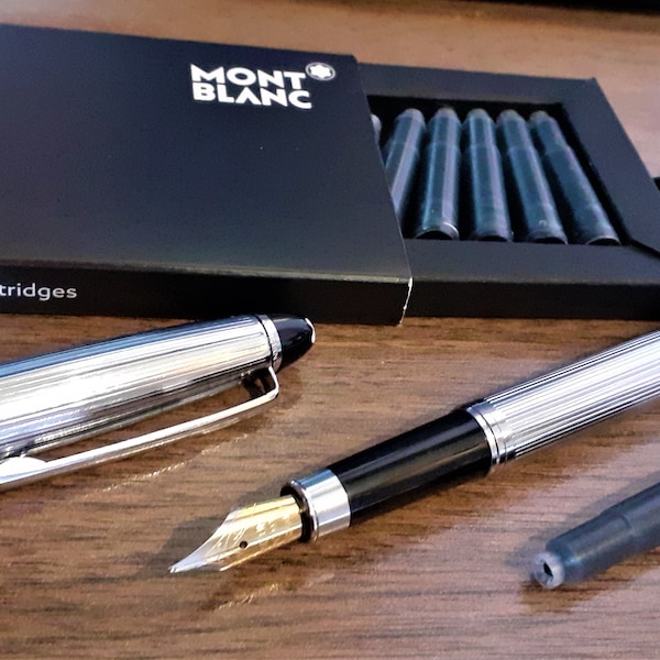 Fountain Pen MONT BLANC Type Metallic Silver Plated with a New Original Mont Blanc Cartridge Color Blue and a New Velvet Case