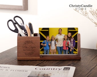 Personalized Pen Holder With Photo Frame - Teacher Appreciation Gift, Wood Desk Organizer, Custom Office Gifts, Gifts for Coworkers