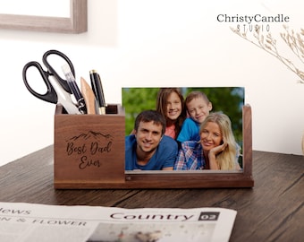 Personalized Pen Holder - Pen Holder With Photo Frame, Wood Desk Organizer, Custom Office Gifts, Gift for Graduation, Father's Day Gifts
