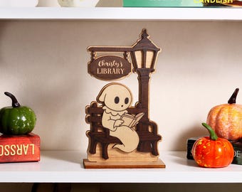 Ghost Reading Book Decor - Custom Library Sign, Halloween Decor, Fall Decor, Bookshelf Decor, Book Lover Gift, Bookish Decor, Bookish Gift
