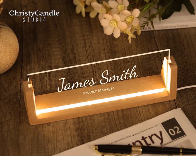 Custom Desk Name Plate with Wooden Base Lighted Name Sign, Office Desk Accessories, New Job Gift, Thank You Gifts for Coworkers image 2