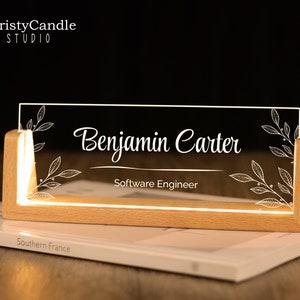 Personalized Desk Name Plate with Wooden Base - Lighted Name Sign, Office Desk Accessories, New Job Gift, Thank You Gifts for Coworkers