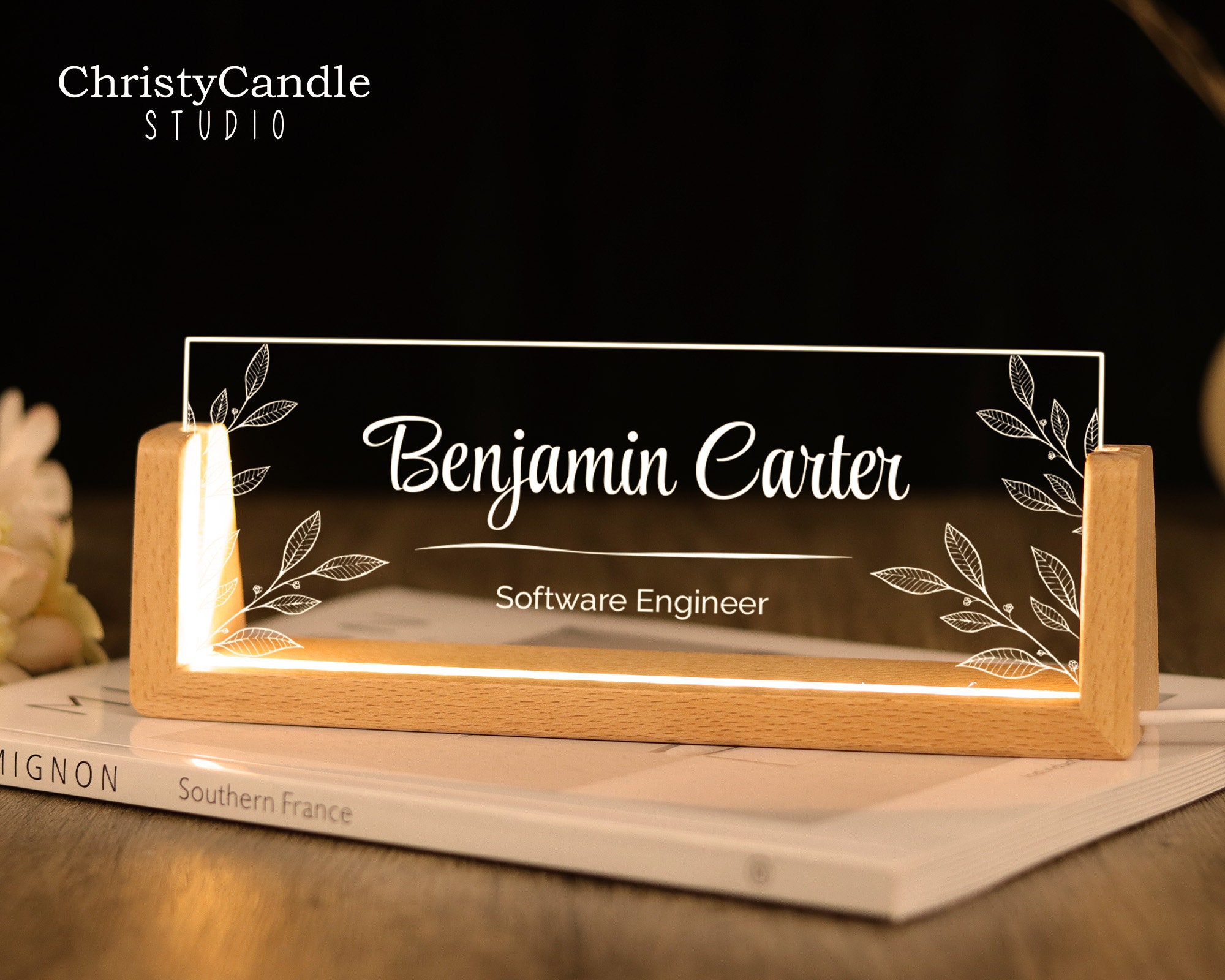 Custom Desk Name Plate with Wooden Base - Lighted Name Sign, Office Desk Accessories, New Job Gift, Thank You Gifts for Coworkers