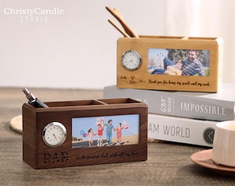 Personalized Pen Holder With Clock - Desk Organizer with Photo Frame, Gifts for Coworker, Father's Day Gifts, Gift for Husband, Gift for Him