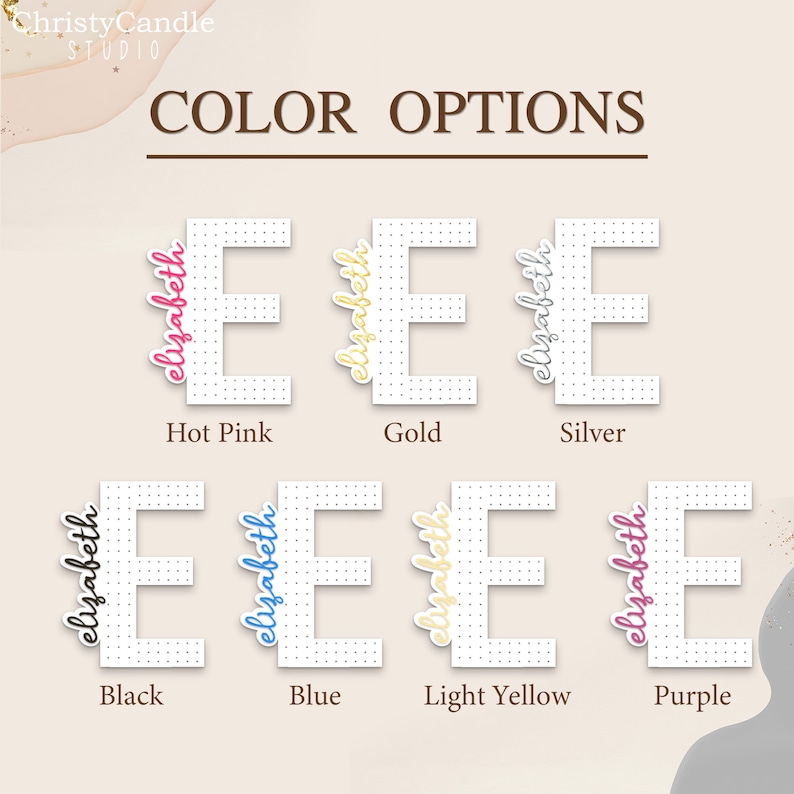 May include: Color options for a personalized "Elizabeth" name sign. The sign is white with black dots and features the name in various colors: hot pink, gold, silver, black, blue, light yellow, and purple.