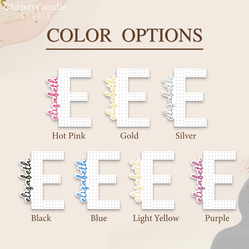 May include: Colour options for a personalised "Elizabeth" name sign. The sign is white with black dots and features the name in various colours: hot pink, gold, silver, black, blue, light yellow, and purple.