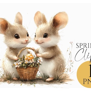 Clipart di topi primaverili PNG, topi carini del bosco con cestino, illustrazione di animali ad acquerello, arte primaverile Cottagecore, download digitale
