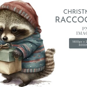 Clipart aquarelle de Noël raton laveur PNG, des cliparts animaux de la forêt, des cliparts pour chambre d'enfant à usage Commercial des cliparts, Templett, Corjl & Canva Friendly