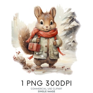 Écureuil mignon hiver aquarelle Clipart PNG, des cliparts animaux de la forêt, des cliparts pour chambre d'enfant à usage Commercial des cliparts, Templett Corjl & Canva Friendly