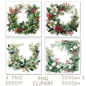 Folhagem de Natal Aquarela Clipart PNG Conjunto 4, Clipart Festivo de Natal para Uso Comercial, Artesanato em Papel Digital Download Instantâneo