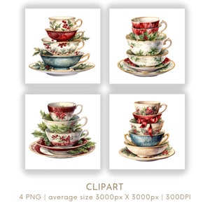 Tazza da tè di Natale Stack Watercolor Clipart PNG Set 4, Pomeriggio High Tea Festive Xmas Clipart per uso commerciale, download digitale istantaneo