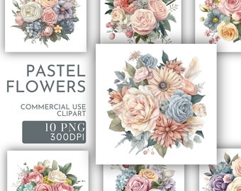 Pastel Flower Bouquet  Watercolor Clipart for commercial use, Floral Roses Flowers Transparent PNGs, Flower Illustration