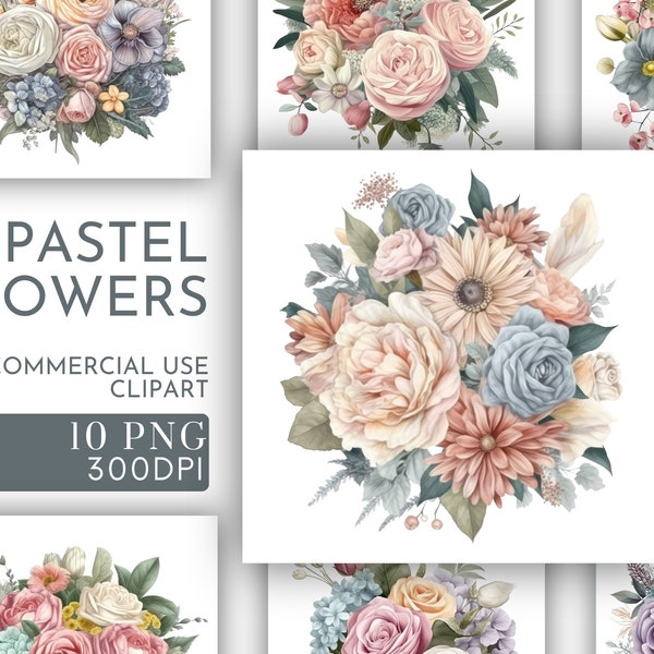 Pastel Flower Bouquet  Watercolor Clipart for commercial use, Floral Roses Flowers Transparent PNGs, Flower Illustration