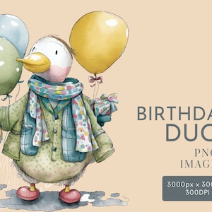 Clipart de aquarela de pato de aniversário PNG, clipart para fazer cartões, clipart de berçário, clipart de uso comercial, compatível com Templett, Corjl e Canva