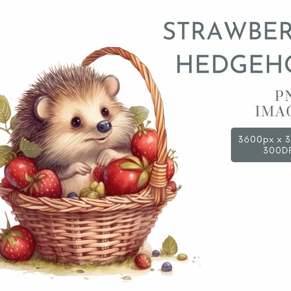 Strawberry Hedgehog Watercolor Clipart PNG, Forest Animals Clipart, Nursery Clipart Commercial Use Clipart, Templett, Corjl & Canva Friendly
