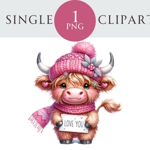 Valentine Highland Cow Clipart, Love You Animal PNG Illustration, Ideal para cartões de felicitações, artesanato, berçário, convites, projetos de papel