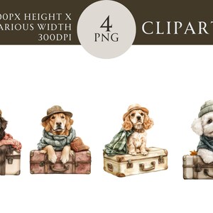 Ilustrações de clipart de cachorro caprichosas e encantadoras em malas vintage para artesanato com tema de viagem, arte digital, scrapbooking e adesivos