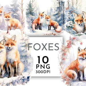 Hiver renards aquarelle Clipart PNG, forêt enneigée de Noël, création de cartes de journalisation indésirable, usage Commercial boisé téléchargement immédiat
