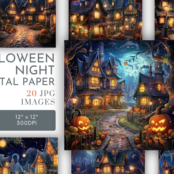Halloween Street Backgrounds Digital, Halloween Town Square Papers, Journal Pages Spooky Scene Scrapbook Cards Gifts Commercial Use JPG