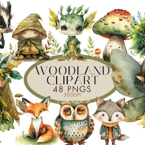 Bundle de cliparts aquarelle forêt, fées nain champignon forêt chouette renard dragon indésirable journal usage commercial, téléchargement numérique