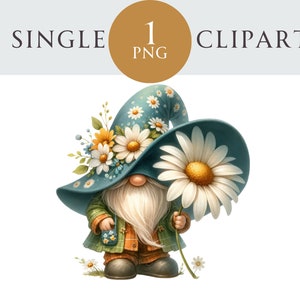 Daisy Gnome Clipart, Spring Gnome PNG Illustration, Easter Gnonk, Ideal para cartões de felicitações, artesanato, convites, projetos de papel