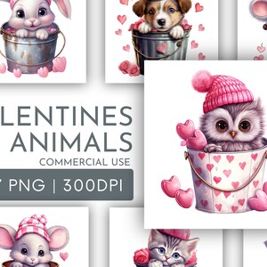 Pacote de clipart de aquarela de dia dos namorados PNG, clipart de animais fofos de dia dos namorados para uso comercial, download instantâneo digital de feriados