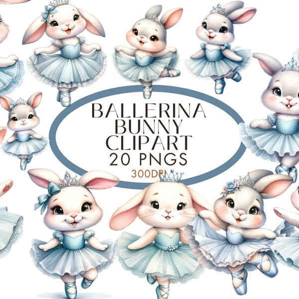 Watercolor Ballerina Bunny Clipart, 20 PNG Blue Ballet Bunny Clipart, Bunnies In Tutu Dress, Baby Rabbit PNG, Nursery PNG, Commercial Use