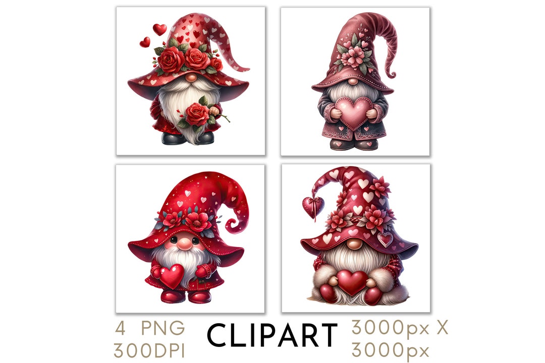 Red Gnomes Valentine Clipart PNG Set 4 Valentines Gonks Red Roses ...