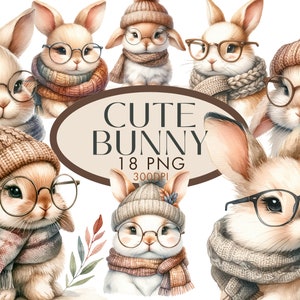Cute Bunny Clipart PNG, Coelho em Óculos Aquarela Clipart Coelho em Chapéu Aconchegante e Cachecol Junk Journaling Uso Comercial Download Instantâneo