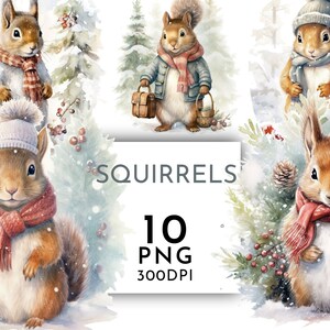 Écureuils de Noël aquarelle Clipart PNG, forêt enneigée d'hiver, journalisation indésirable, aquarelle boisé usage Commercial téléchargement immédiat