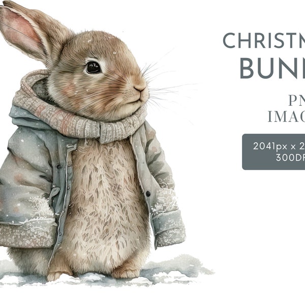 Christmas Bunny Watercolor Clipart PNG, Cute Animals Clipart, Nursery Clipart Commercial Use Clipart, Templett, Corjl & Canva Friendly
