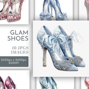 Chaussures de bal avec perles diamants Glamour aquarelle Clipart JPG, journalisation indésirable, rose bleu fabrication de cartes usage commercial téléchargement immédiat