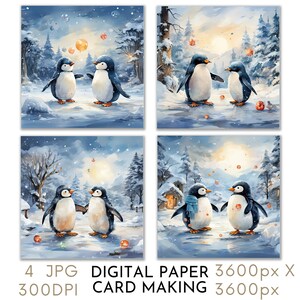 Tarjeta navideña con pingüinos festivos, papel digital 4 JPG, creación de tarjetas navideñas festivas, manualidades con papel digital para álbumes de recortes, descarga instantánea