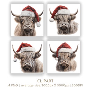 Christmas Highland Cow Portrait Illustration Watercolor Clipart PNG Set 4 Christmas Xmas Commercial Use Paper Craft Digital Instant Download