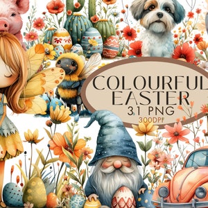 Bundle coloré de Pâques aquarelle Clipart PNG, nain oeufs lapin lama chat chien fille Junk Journal usage Commercial, téléchargement numérique immédiat