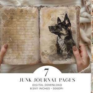 Páginas de diário de cachorro Animal Shabby Chic Puppy Junk Journal Papel digital para impressão Papel dobrável Animais de estimação Scrapbooking 11 x 8,5 JPG Download