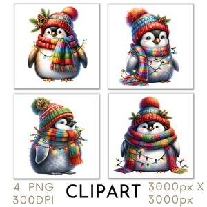 クリスマス ペンギン クリップアート イラスト 水彩画 PNG セット 4 クリスマス クリスマス 商用利用、ペーパークラフト デジタル インスタント ダウンロード