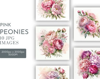 Pink Peonies Bouquet  Watercolor Clipart JPG, Junk Journaling, Floral Watercolor Wall Art Commercial Use Digital Instant Download