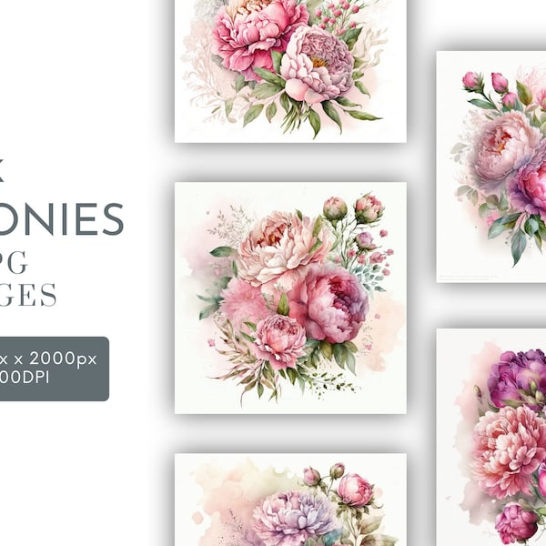 Pink Peonies Bouquet  Watercolor Clipart JPG, Junk Journaling, Floral Watercolor Wall Art Commercial Use Digital Instant Download