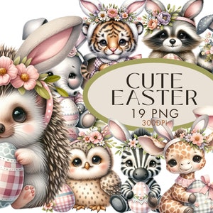 Joli Pâques animaux Clipart PNG Bundle, lapin, souris raton laveur pépinière aquarelle utilisation commerciale, écureuil hérisson téléchargement numérique