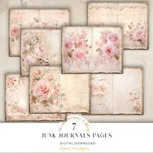 Pagine di diario digitale con 7 motivi floreali rosa, carta digitale per diario Shabby Chic, carta effimera stampabile, foglio collage 11 x 8,5 da scaricare