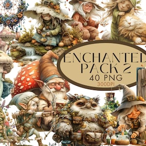 Jardin enchanté 2 Clipart aquarelle PNG Bundle fées sylphe nain cristal champignon indésirable journal usage commercial, téléchargement numérique immédiat