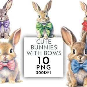 Niedliche Kaninchen mit Schleifen Clipart Aquarell, rosa Schleife Kaninchen PNG, blaue Schleife Kinderzimmer Clipart, Junk Journaling kommerzielle Nutzung Sofort-Download